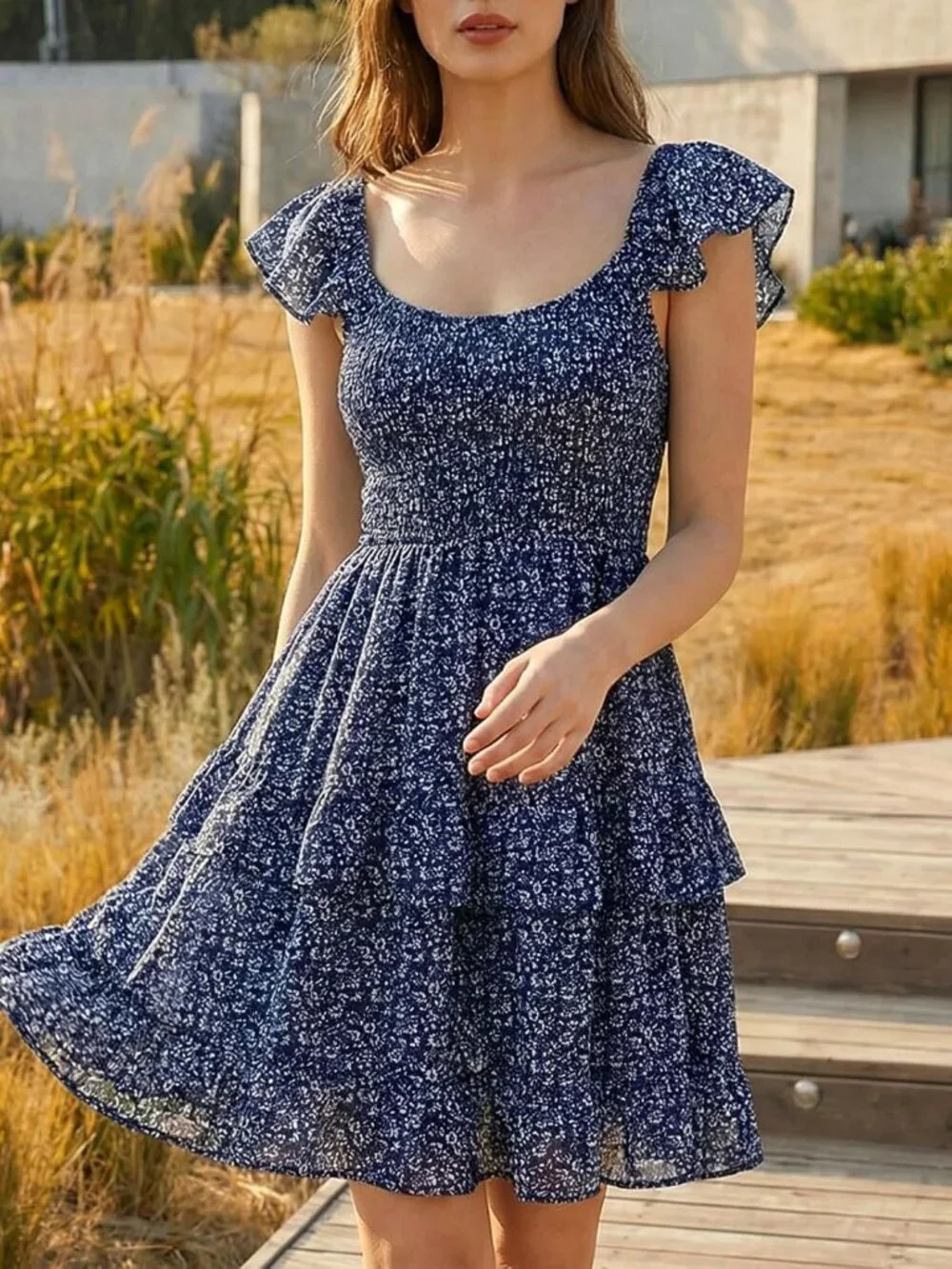 Women's Summer Dress Boho Navy-1 Smocked Ruffle Sun Beach Mini Swing Dress